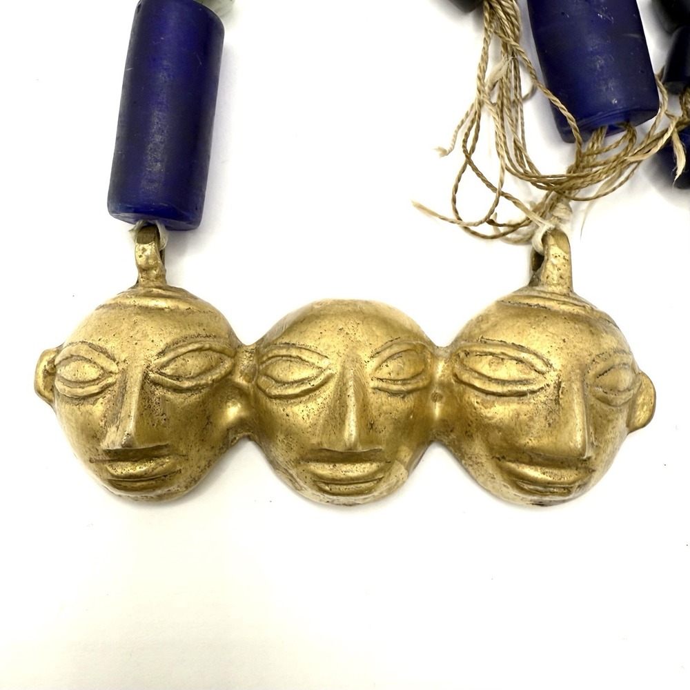 Vintage BRASS FACE MASK Pendant Necklace Warrior Tribal Glass Beads Fight Blue - Picture 6 of 10